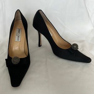 Jimmy Choo black satin pumps with bow & jewelry detail